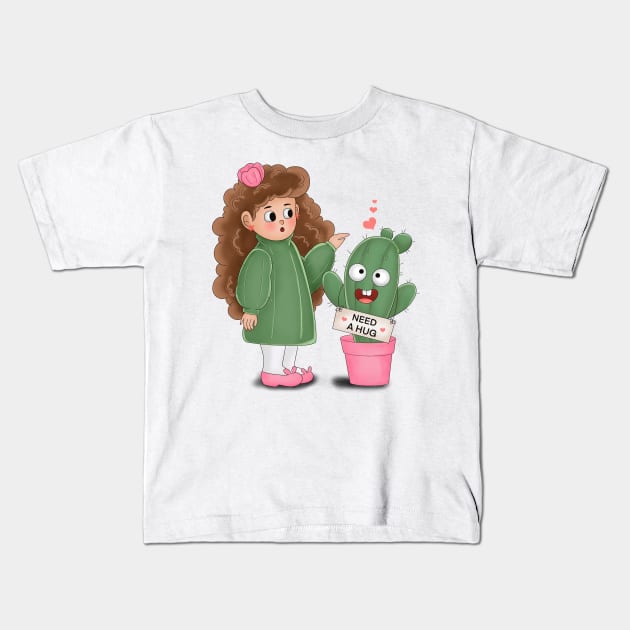 Cute Cactus Needs A Hug Kids T-Shirt by Athikan